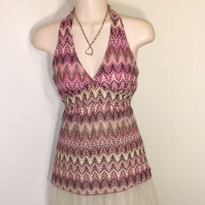 Vintage USA moa moa  pink open weave lace back tie Boho sexy hippie halter top L